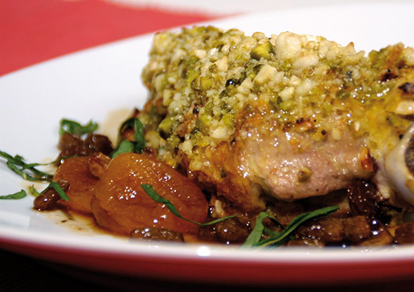 Lamb with Mint, Sultanas, Dried Apricots and a Crust of Pistachios and Cashews